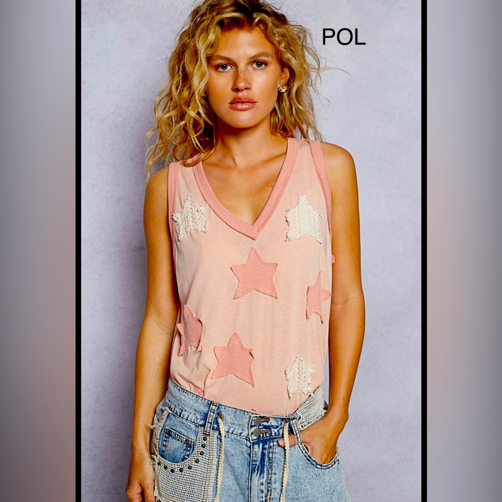 BP206-5🌸POL pretty peachy-pink Star Tank Top w/v-neck+fun detsils!